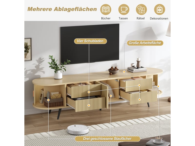  Meuble tv 180 × 40 × 45 cm, 4 tiroirs, porte coulissante, design ovale, mdf, bois naturel  - Conforama B