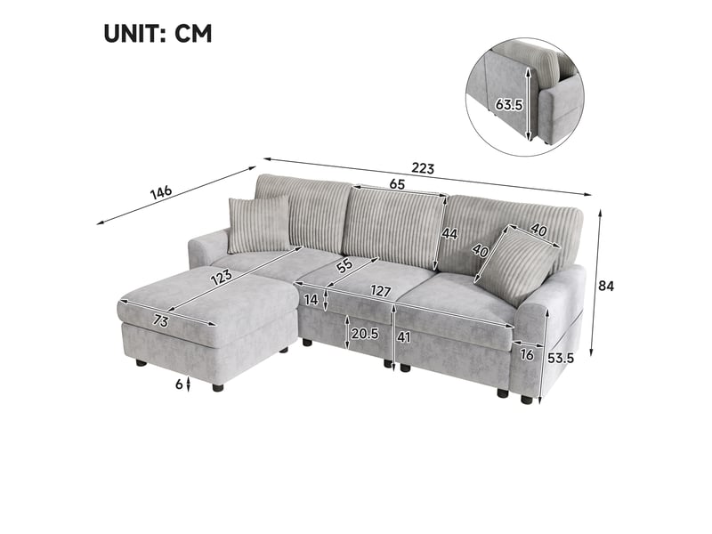 Canapé d’angle 4 places 223x146x84 cm avec pouf, 2 coussins carrés, usb et type-c pour salon, chenille et velours côtelé, gris Sol Morn - Conforama C