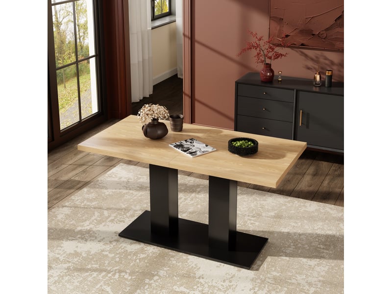  Table à manger extensible 140 à 180 cm, plateau mdf de 30 mm, teinte naturelle, pour salle à manger et cuisine, design épuré  - Conforama E