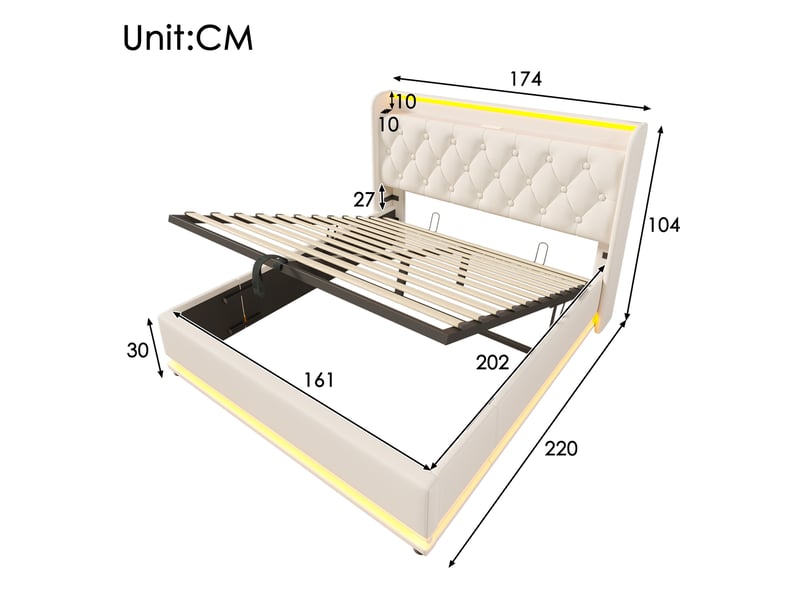  Lit coffre adulte 160x200 cm – blanc – led 360°, usb-c, rangement hydraulique et matelas 7 zones h3  - Conforama C