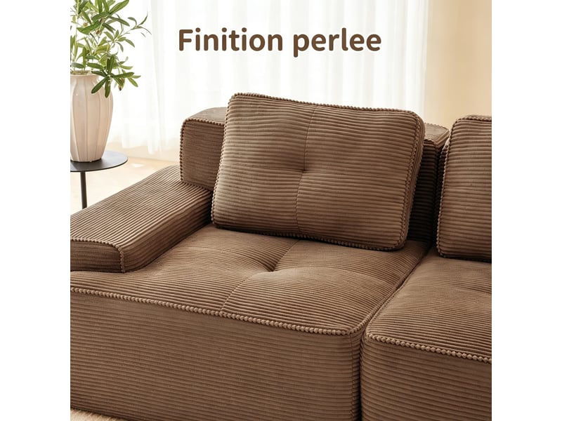 Canapé modulable 4 places effet nuage, assise généreusement rembourrée et base antidérapante, 69 × 382 × 177 cm, marron - Conforama E