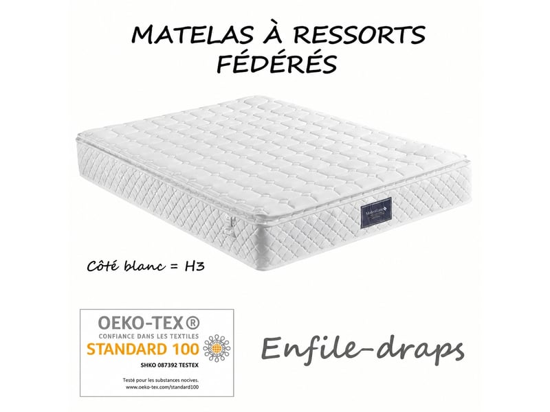  Lit rembourré 140 x 200 cm avec coffre, tête capitonnée, matelas, gris clair  - Conforama E