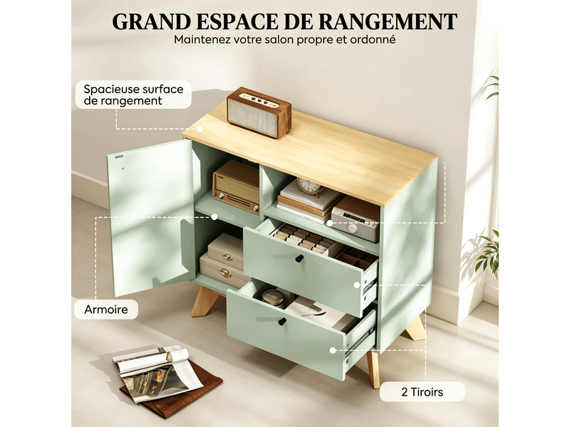  Buffet de cuisine 80 cm vert clair et chêne, 2 tiroirs, porte et étagère réglable  - Conforama D
