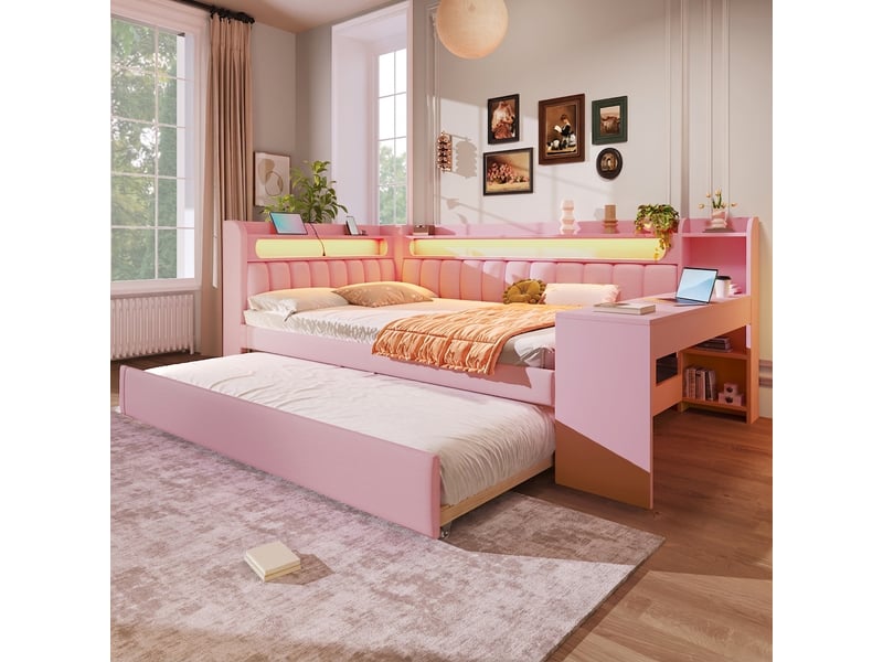  Lit banquette 140x200 avec bureau intégré, port usb et lit gigogne 90x190, rose  - Conforama D