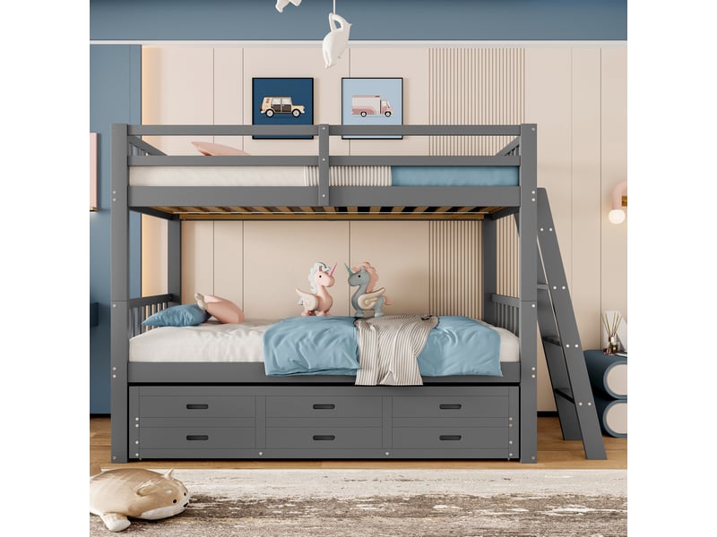  Lit superposé enfant 90x200 cm avec lit gigogne et 3 tiroirs de rangement, lit cabane gris pour fille et garçon en bois massif.  - Conforama R