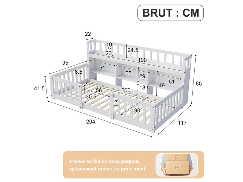  Lit enfant 90x200 avec sommier et bibliotheque,  lit au sol avec barrière de sécurité, lit montessori en pin massif,  1 place, blanc  - Conforama R