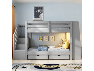 Lit superposé enfant 90x200 cm gris avec bureau, éclairage led et tiroirs de rangement
