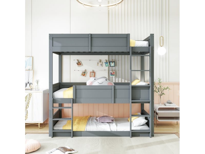 Modenvie lit superposé triple 90x200 cm - modulable, gain de place, garde-corps haut - gris  - Conforama D