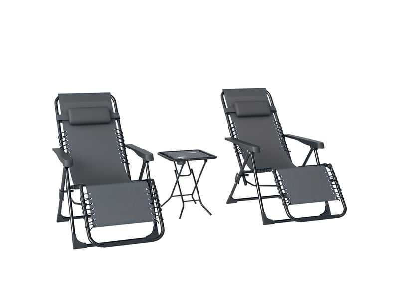  Lot de 2 chaise longue pliable et inclinable avec table d'appoint, porte-gobelets et appuie-têtes, charge 120 kg, gris  - Conforama A