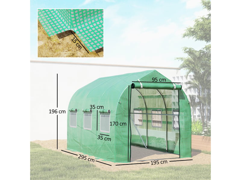  Serre de jardin tunnel serres tunnel 6 m² avec 6 fenêtres porte à fermeture éclair toile pe structure fer galvanisé vert  - Conforama E
