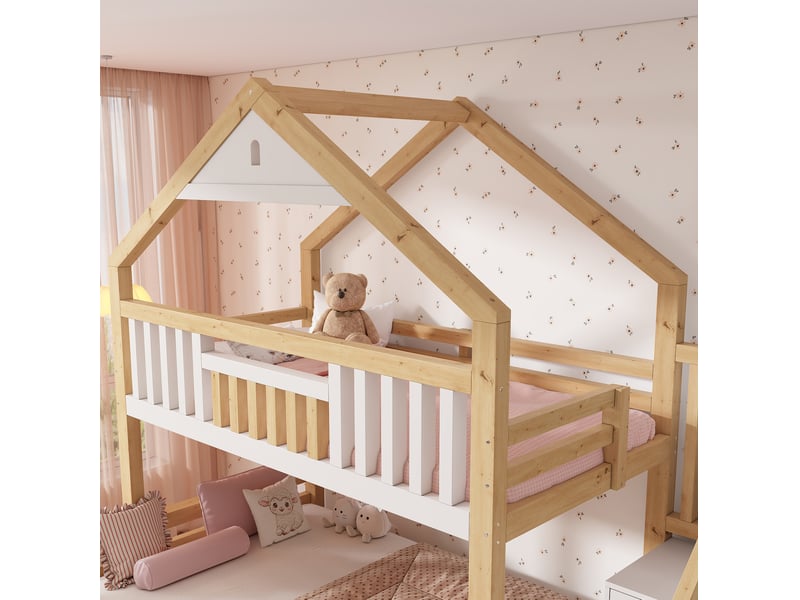 Lit superposé enfant 90140x200 cm avec escalier, 2 tiroirs, blanc et chêne - Conforama E