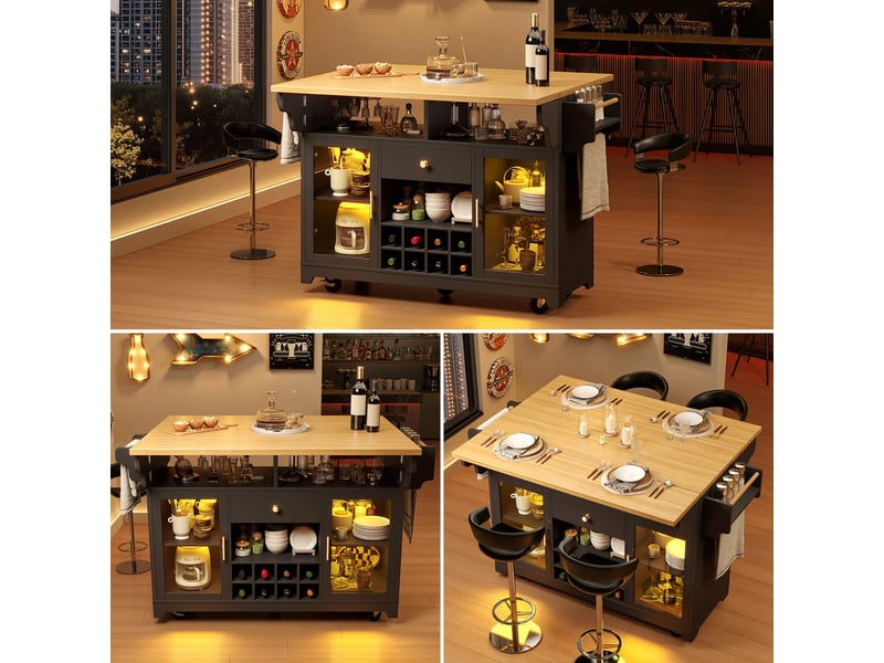  Desserte de cuisine 95 cm éclairage led plateau rabattable des deux côtés étagères réglables porte-bouteilles mobile finition noire  - Conforama B
