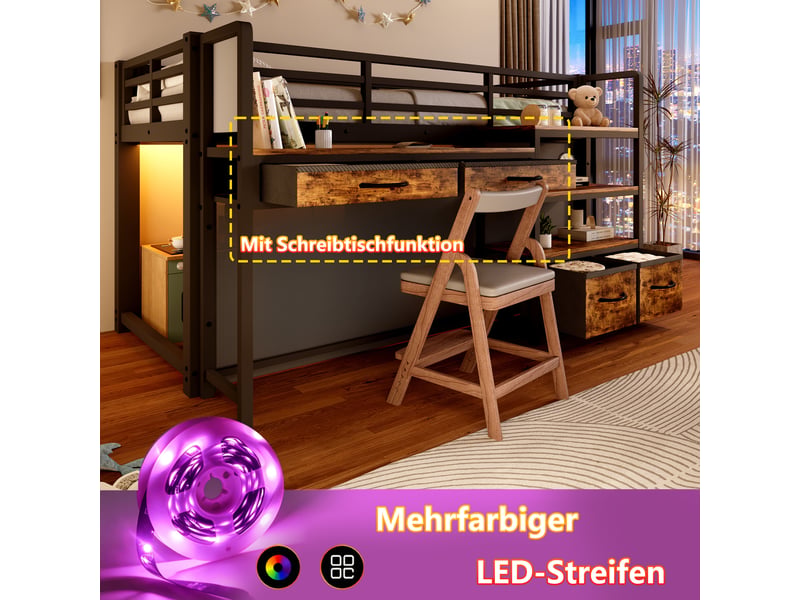 Lit mezzanine 90 x 200 cm avec bureau, rangement et tiroirs en tissu, lit enfant en métal avec rideau, étagère multi-niveaux et lumière led, noir - Conforama D