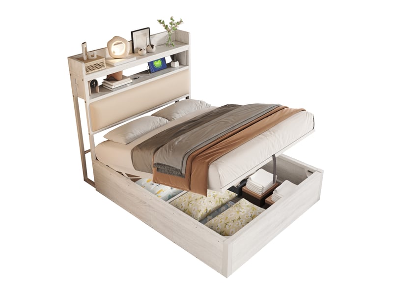  Lit coffre 90x200 cm rangement hydraulique, ports usb en métal bois et tissu blanc  - Conforama A