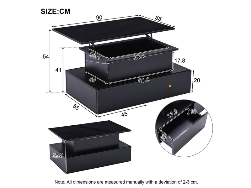  Table basse, avec éclairage led, avec 4 tiroirs, 90 x 55 x h 41–54 cm, noir, rangement pratique, structure en panneau de particules, style moderne Luxe haut de gamme - Conforama C