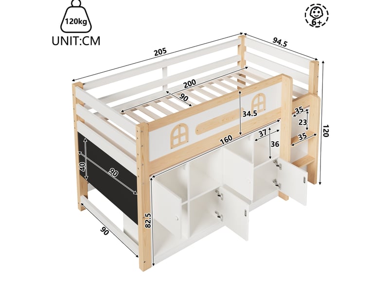  Lit mezzanine 90 × 200 cm 1 place avec tableau noir, rangements et échelle, sans matelas, en bois blanc et naturel  - Conforama D