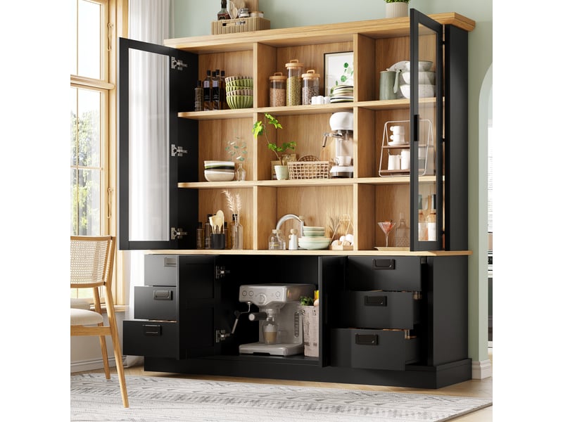  Colonne de cuisine avec 6 tiroirs, 6 niches et portes vitrées, fixation murale, en mdf, 140×40×185 cm, noir  - Conforama B