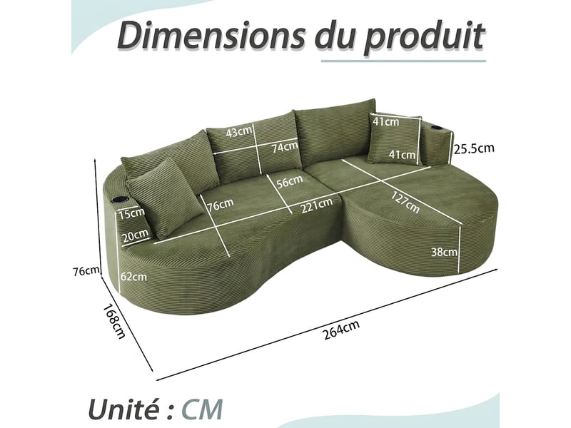  Canapé 3 places d'angle droit vert - design incurvé en velours côtelé doux avec porte-gobelet  - Conforama C