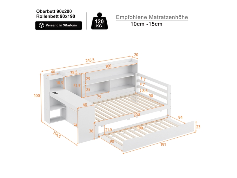  Lit banquette enfant 90x200 cm en bois avec lit gigogne, bureau, bibliothèque, étagères de rangement, port usb et prise électrique - blanc  - Conforama C