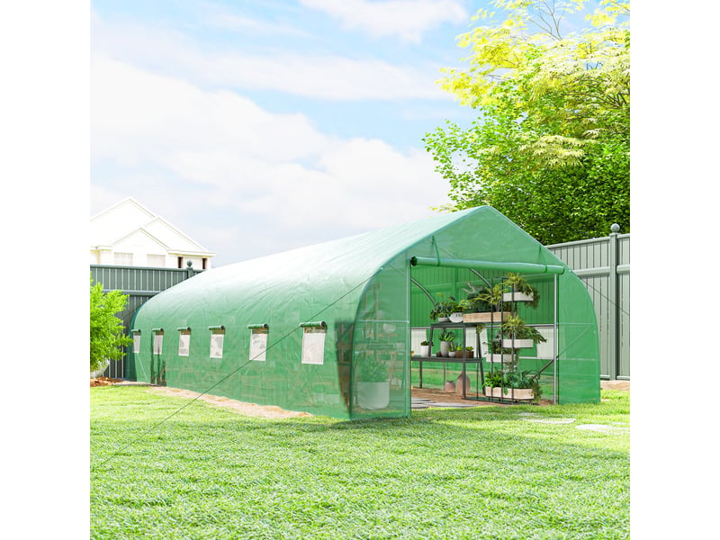  Serre tunnel en pe et acier de 8 x 3 x 2 m avec porte enroulable et fenêtres, verte  - Conforama D