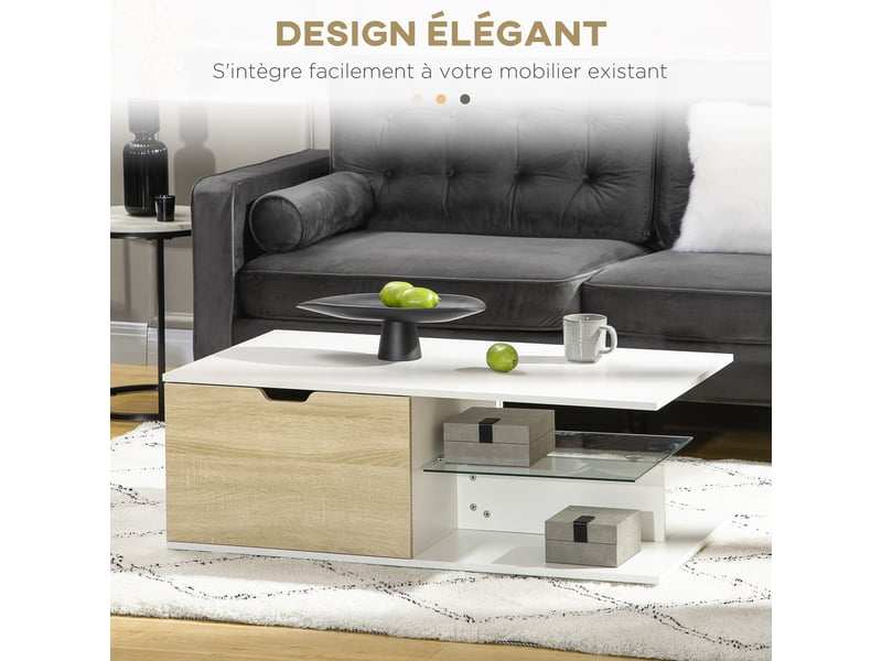  Table basse rectangulaire design contemporain 2 tiroirs 2 niches panneaux blanc aspect chêne clair étagère verre trempé  - Conforama E