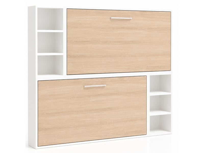  Lit escamotable superposé avec niches de rangement briano-2 matelas-90x190-cadre blanc-façade chêne clair  - Conforama A