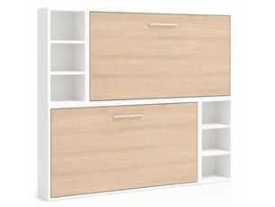 Lit escamotable superposé avec niches de rangement briano-2 matelas-90x190-cadre blanc-façade chêne clair