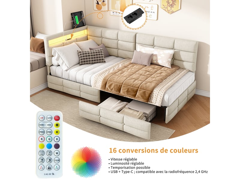 Lit jeune 90x200 avec rangement, lit simple pour adolescent avec led et usb lit banquette avec 2 tiroirs et tête de lit rembourrée beige lin, sans matelas - Conforama D