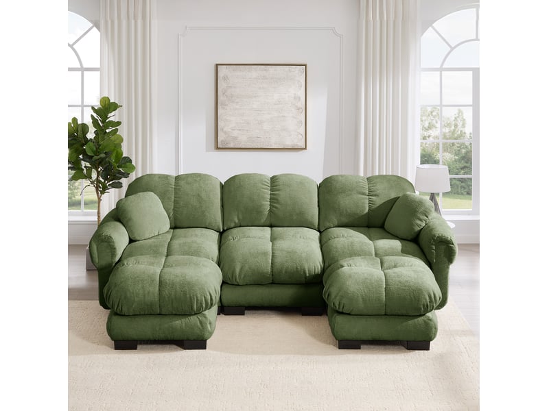  Canapé modulable 3 places en tissu vert avec ottomane mobile et 2 coussins déco, design capitonné enveloppant  - Conforama B