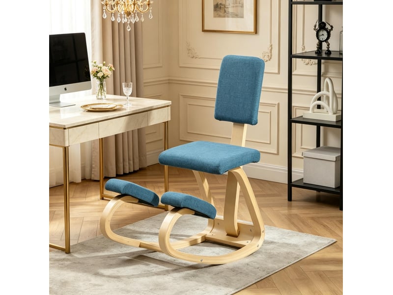  Chaise ergonomique à genoux avec dossier 51x84x93 cm mécanisme à bascule bois bleu foncé  - Conforama C