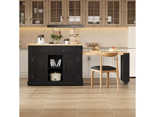 Desserte de cuisine avec 2 portes, 2 tiroirs, table extensible et prises pour cuisine en mdf, 132×70×90 cm, noir