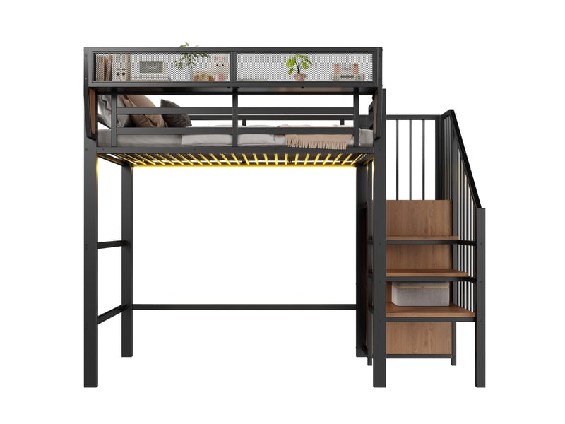  Lit mezzanine 90x200 cm avec rangement et étagère - lit 1 place avec led et échelle de sécurité - métal noir  - Conforama A