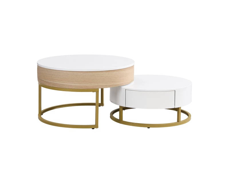  Ensemble de 2 tables basses dorées à plateau relevable et 2 tiroirs – design contemporain et fonctionnel  - Conforama A