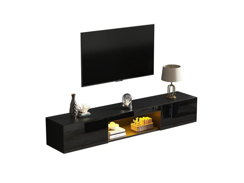  Meuble tv, banc télé, 160×31×22cm, pour tv jusqu'à 70, feu électrique, suspendu, mural, noir  - Conforama A