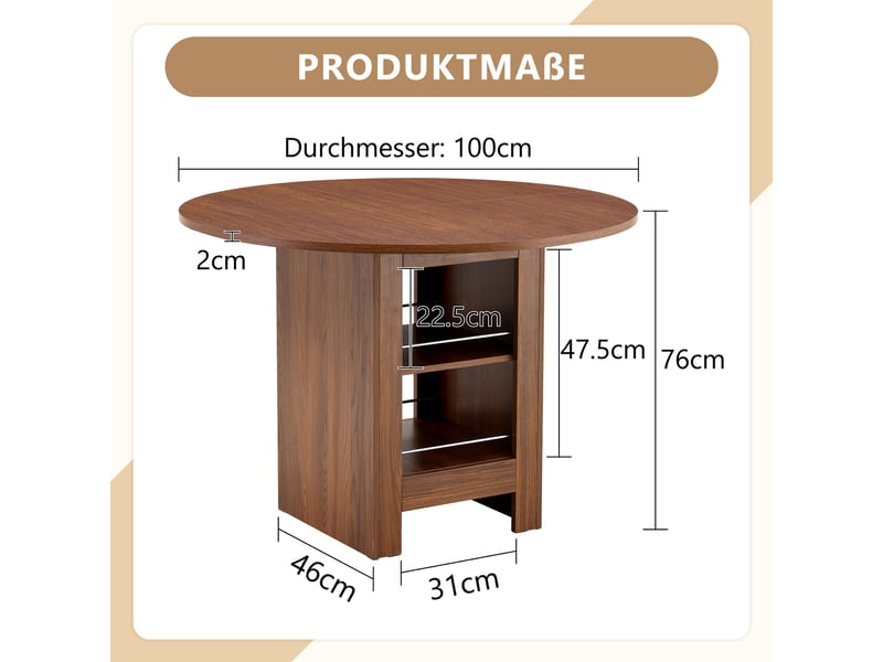  Table à manger ronde ø100 cm avec rangements ouverts, plateau mdf effet noyer, structure effet bois, pour 4 à 6 personnes, design moderne  - Conforama E