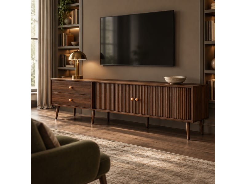  Meuble tv ulevr 180 x 40 x 46,5 cm avec rangement, 2 tiroirs et 2 portes à rideau, mdf coloris noyer, jusqu’à 80 pouces  - Conforama B