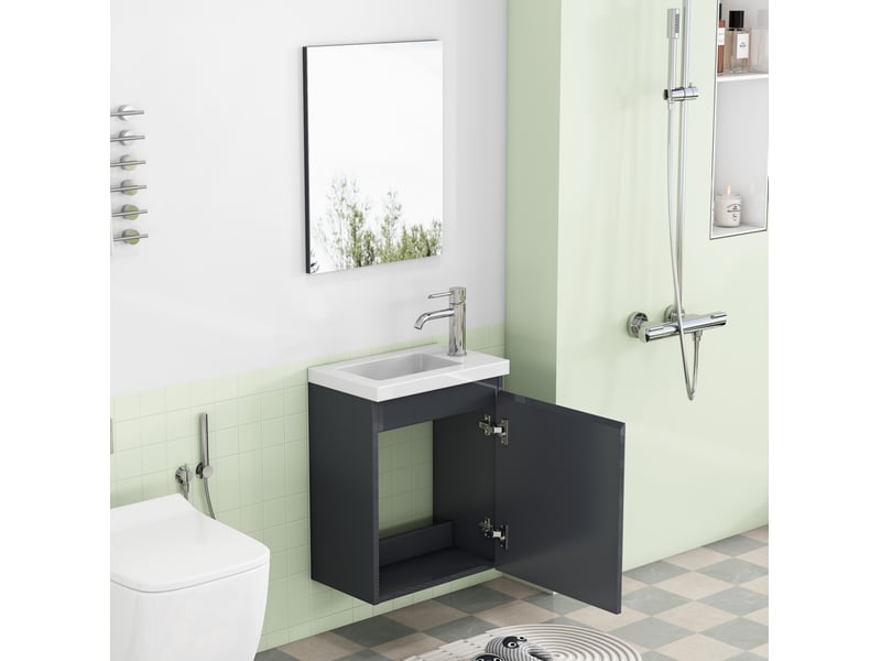 Meuble sous vasque mural avec lavabo en céramique et miroir, portes à fermeture douce, pour salle de bain, gris brillant - Conforama B