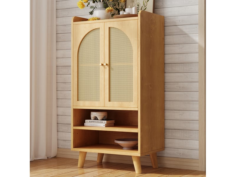  Buffet haut 60x40x121 cm 2 portes en rotin panneau de particules naturel  - Conforama B