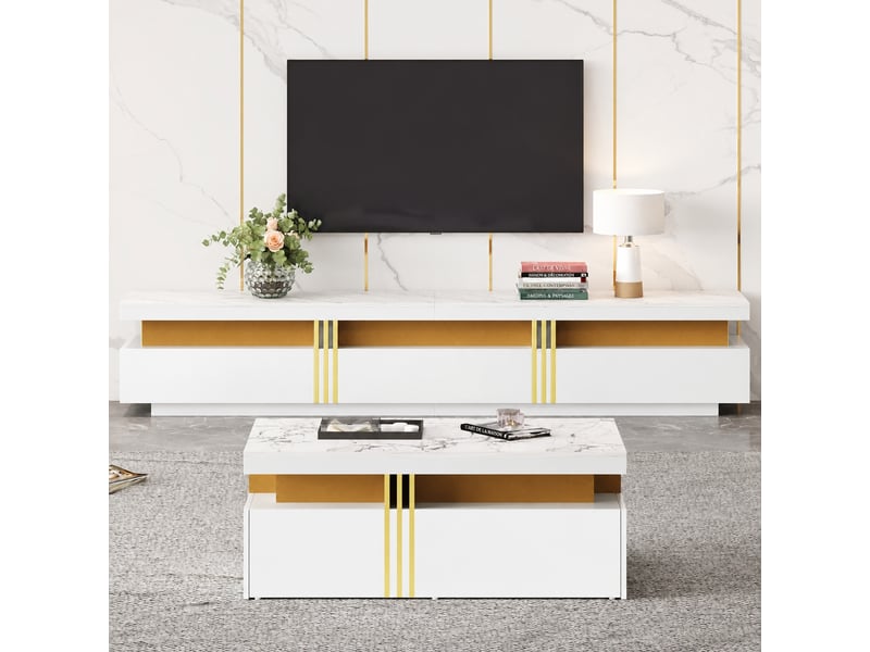  Ensemble meuble tv blanc et table basse, meuble tv blanc 200 cm, effet marbre et détails dorés  - Conforama D