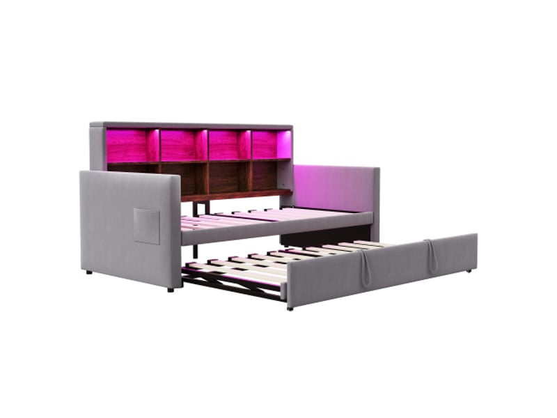 Canapé-lit 90x190 velours gris foncé, tête de lit avec rangements, barre led et usb, couchage tirable - Conforama E