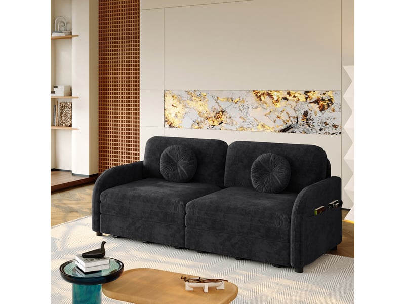  Canapé-lit couple queen-size extensible noir en chenille avec coussins et poches,  - Conforama D