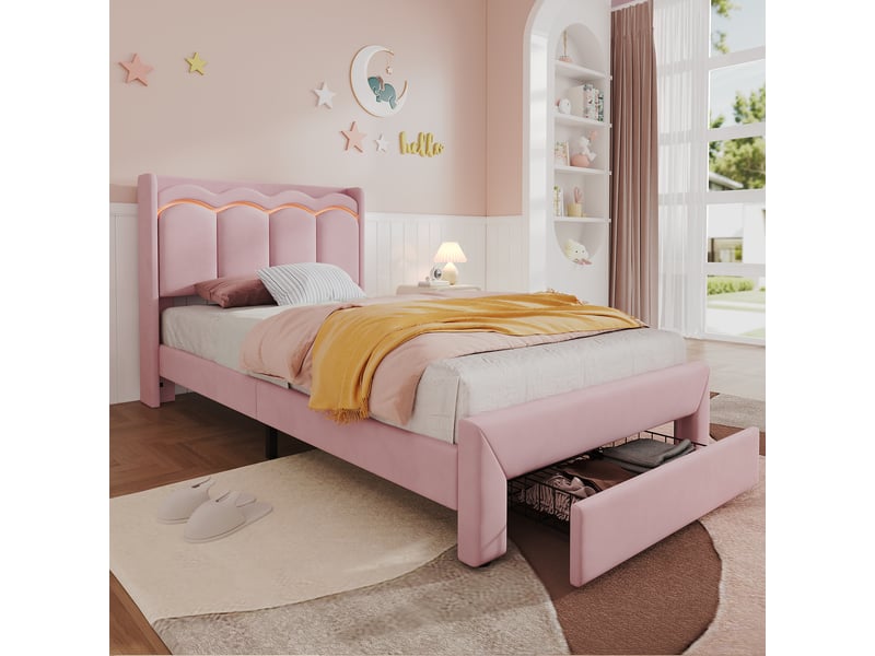  Lit enfant capitonné 90 x 200 cm rose avec tiroir en pied de lit, tête de lit ondulée, surface d’appui, éclairage led par application, charge 220 kg  - Conforama D