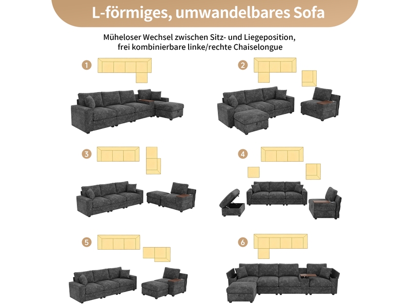 Canapé d'angle, canapé modulable – avec rangement, avec accoudoirs, avec pouf, gris, porte-gobelets, port usb - Conforama W