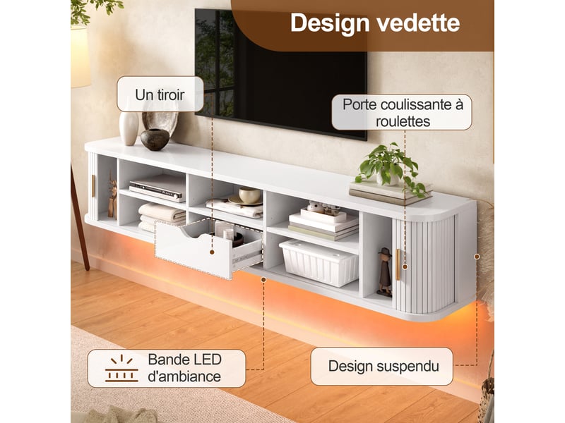  Meuble tv mural 175x30x30 cm - éclairage led contrôlable par application - mdf - blanc CozyNest - Conforama E