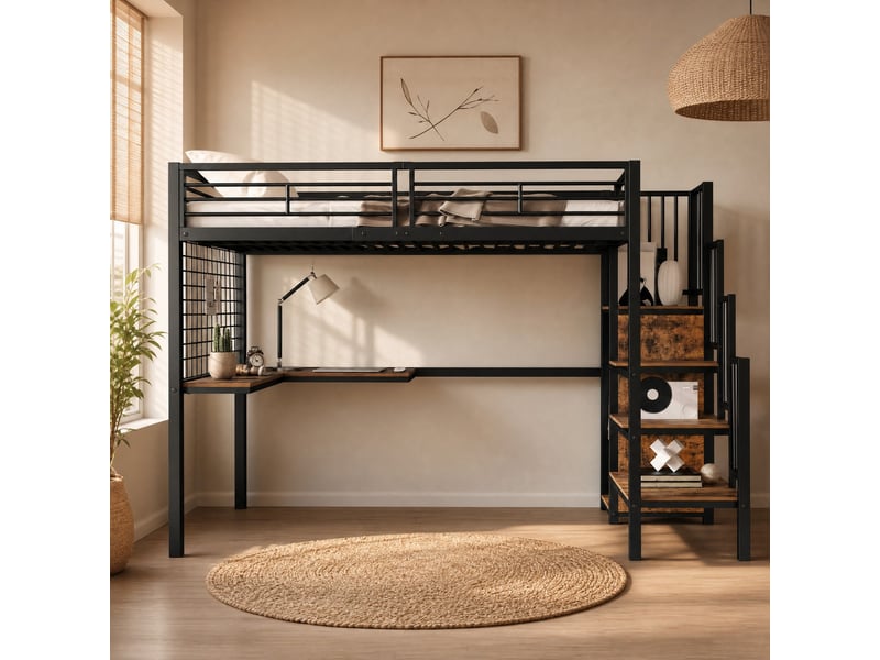  Lit mezzanine 90x200 cm avec bureau et rangement, noir et bois foncé  - Conforama B