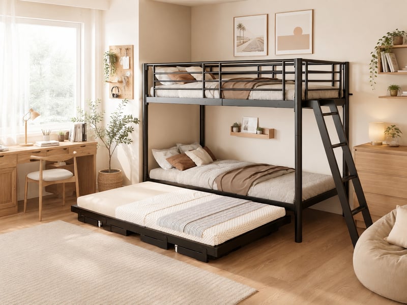  Lit superposé enfant 90x200 cm en métal, avec lit gigogne extensible, compact pour petite chambre, noir  - Conforama B