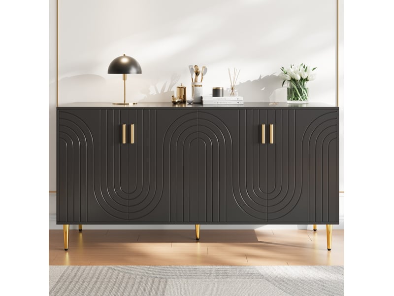 Buffet 4 portes noir 152 x 40 x 75 cm en mdf avec poignées et pieds dorés - Conforama E