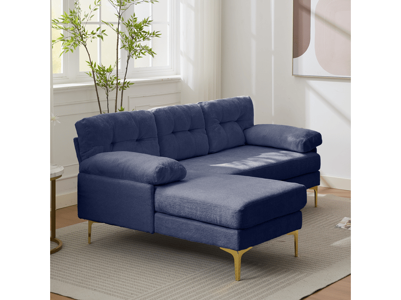  Canapé d’angle 3 places bleu en tissu chenille, méridienne réversible gauche ou droite, coussins rembourrés et pieds en métal  - Conforama R