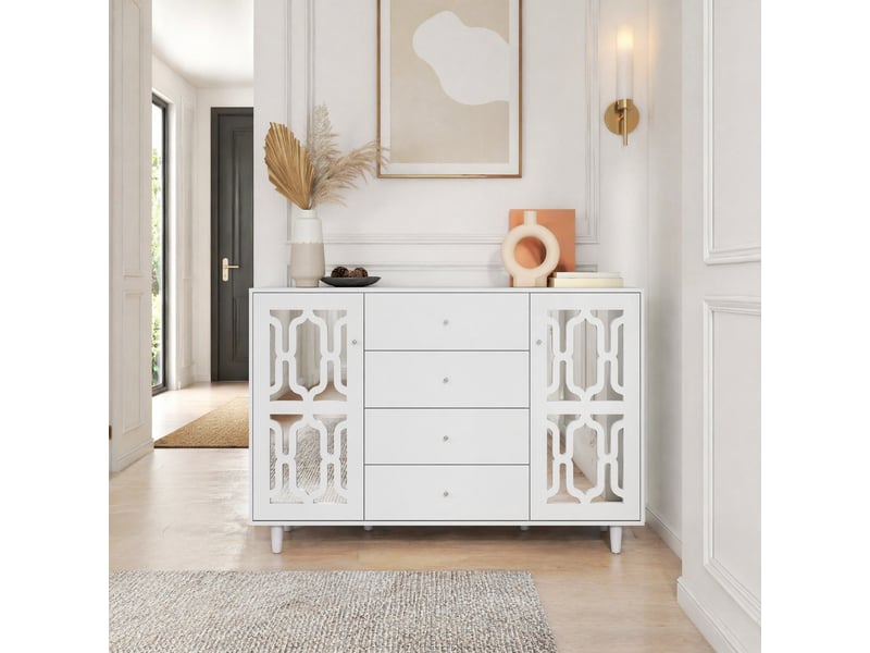  Buffet haut blanc avec portes à décor miroir et poignées effet cristal, 147,5 x 40 x 102 cm  - Conforama C