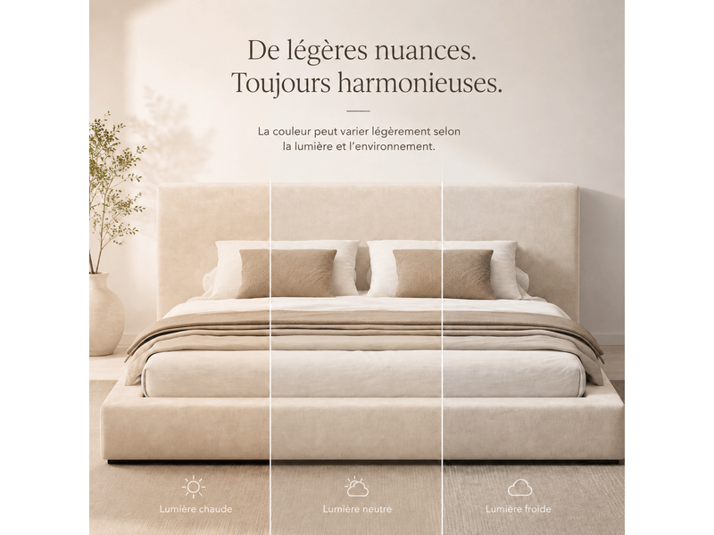  Lit double en chenille beige à tête de lit rembourrée 180 x 200 cm Fay Lum - Conforama E